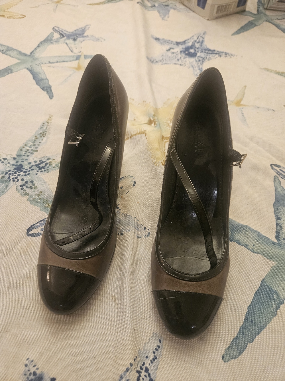 Lauren Ralph Lauren Brown and Black Cap-Toe Mary Jane Pumps. Very Good Condition